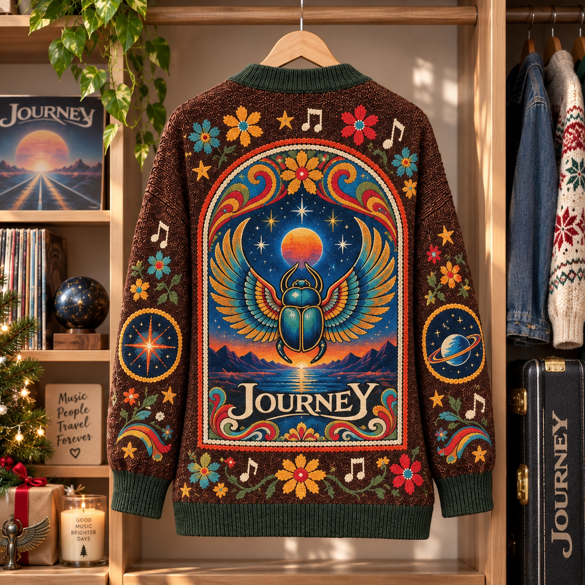 Journey Patchwork Cardigan, Scarab Beetle Folk Art Knit Sweater, Don’t Stop Believin’ Classic Rock Cardigan Gift