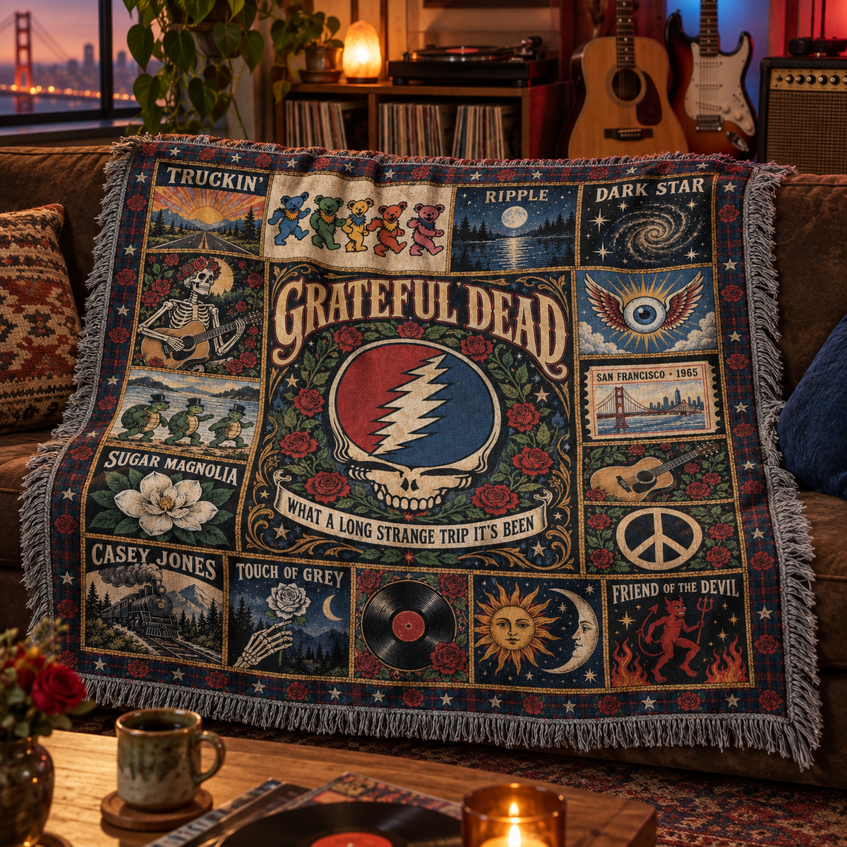Grateful Dead Woven Blanket, Steal Your Face Patchwork Throw, Dancing Bears & Roses Tapestry, Vintage Deadhead Music Gift
