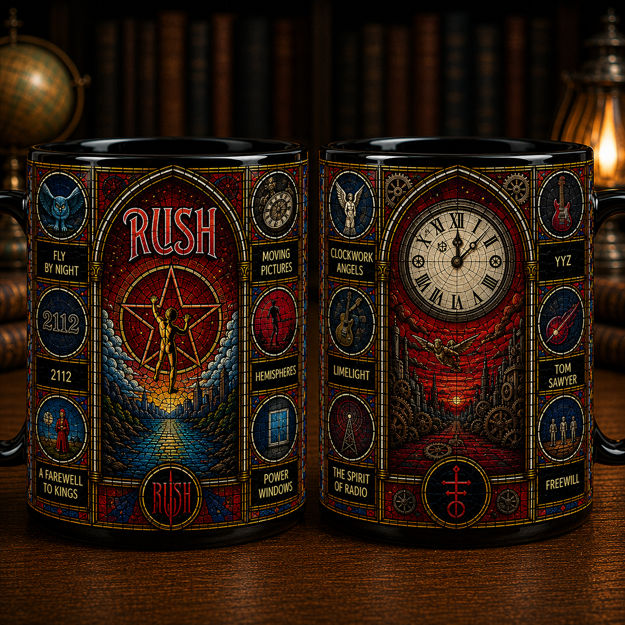 Rush Stained Glass Black Mug – Progressive Rock Coffee Mug, 2112 & Moving Pictures Ceramic Mug, Rush Fan Gift