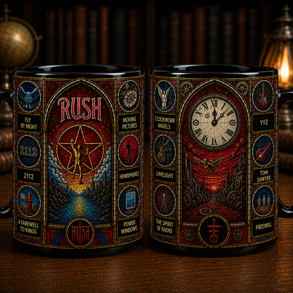 Rush Stained Glass Black Mug – Progressive Rock Coffee Mug, 2112 & Moving Pictures Ceramic Mug, Rush Fan Gift