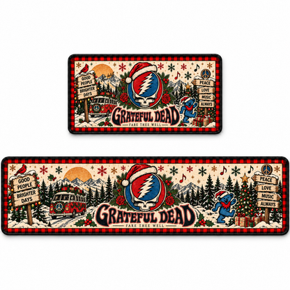 Grateful Dead Christmas Runner Rug, Steal Your Face Holiday Kitchen Runner, Dancing Bear Deadhead Christmas Decor