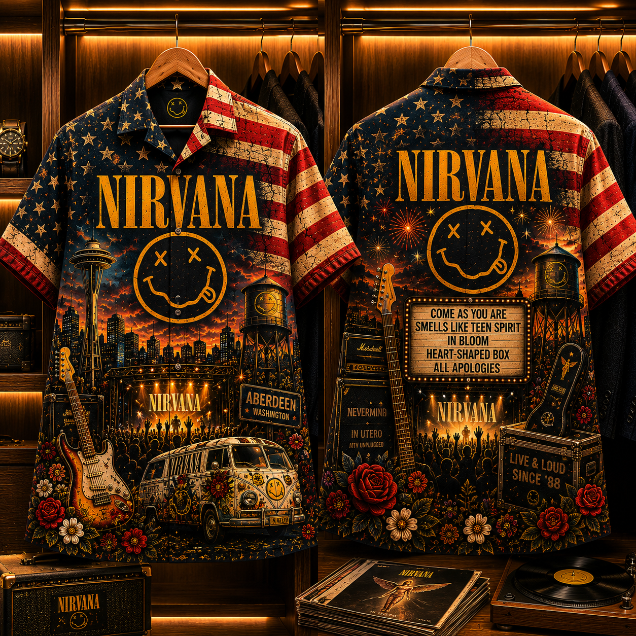 Nirvana Hawaiian Shirt - Patriotic Grunge Rock Band All Over Print AOP Button Up Shirt for Nirvana Fans