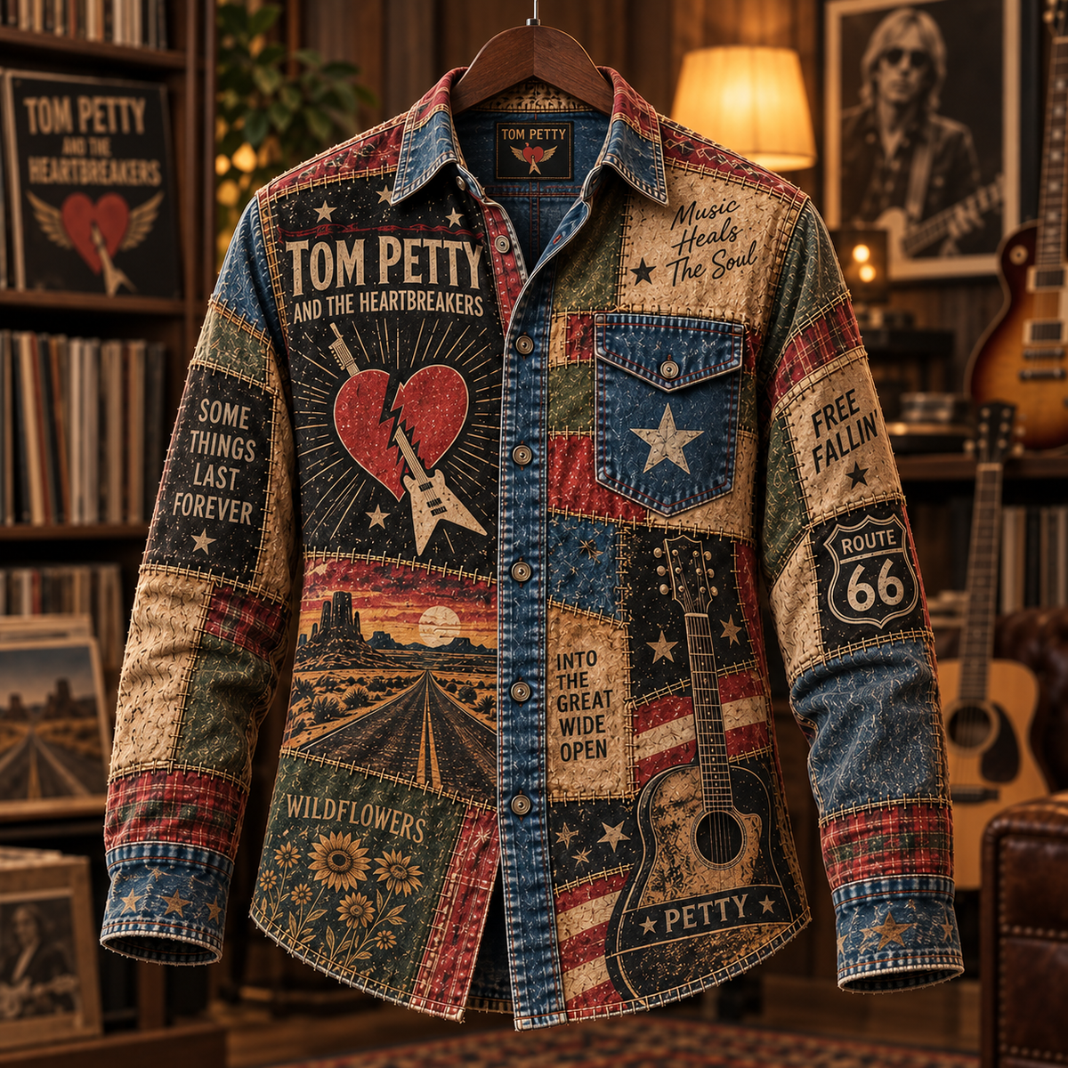 Tom Petty Patchwork Long Sleeve Shirt – Wildflowers, Free Fallin’ & Route 66 Americana Rock Button Up, Heartbreakers Fan Gift