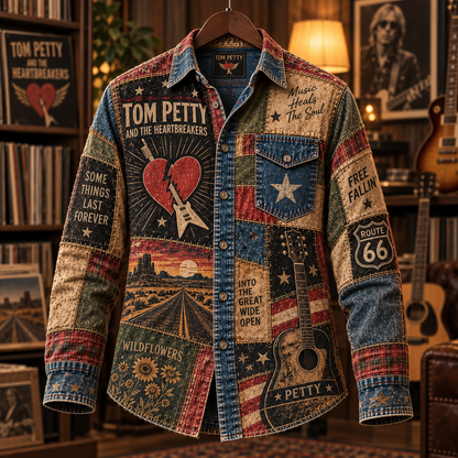 Tom Petty Patchwork Long Sleeve Shirt – Wildflowers, Free Fallin’ & Route 66 Americana Rock Button Up, Heartbreakers Fan Gift
