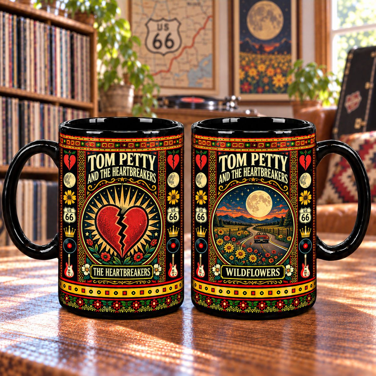 Tom Petty and the Heartbreakers Mug, Wildflowers Broken Heart Route 66 Ceramic Coffee Mug, Classic Rock Music Gift