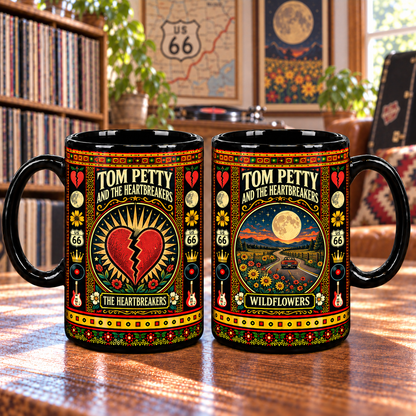 Tom Petty and the Heartbreakers Mug, Wildflowers Broken Heart Route 66 Ceramic Coffee Mug, Classic Rock Music Gift