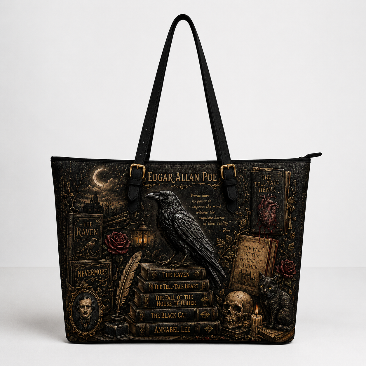 Edgar Allan Poe Gothic Raven Leather Handbag, Tote Bag and Wallet Set, Literary Horror Book Lover