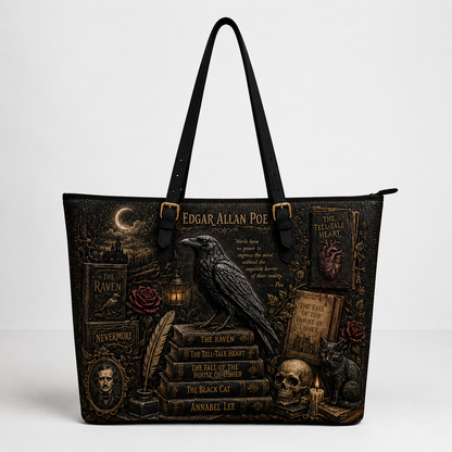 Edgar Allan Poe Gothic Raven Leather Handbag, Tote Bag and Wallet Set, Literary Horror Book Lover