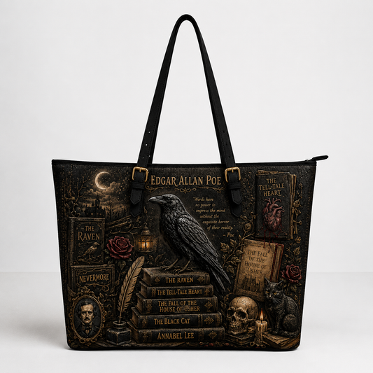 Edgar Allan Poe Gothic Raven Leather Handbag, Tote Bag and Wallet Set, Literary Horror Book Lover