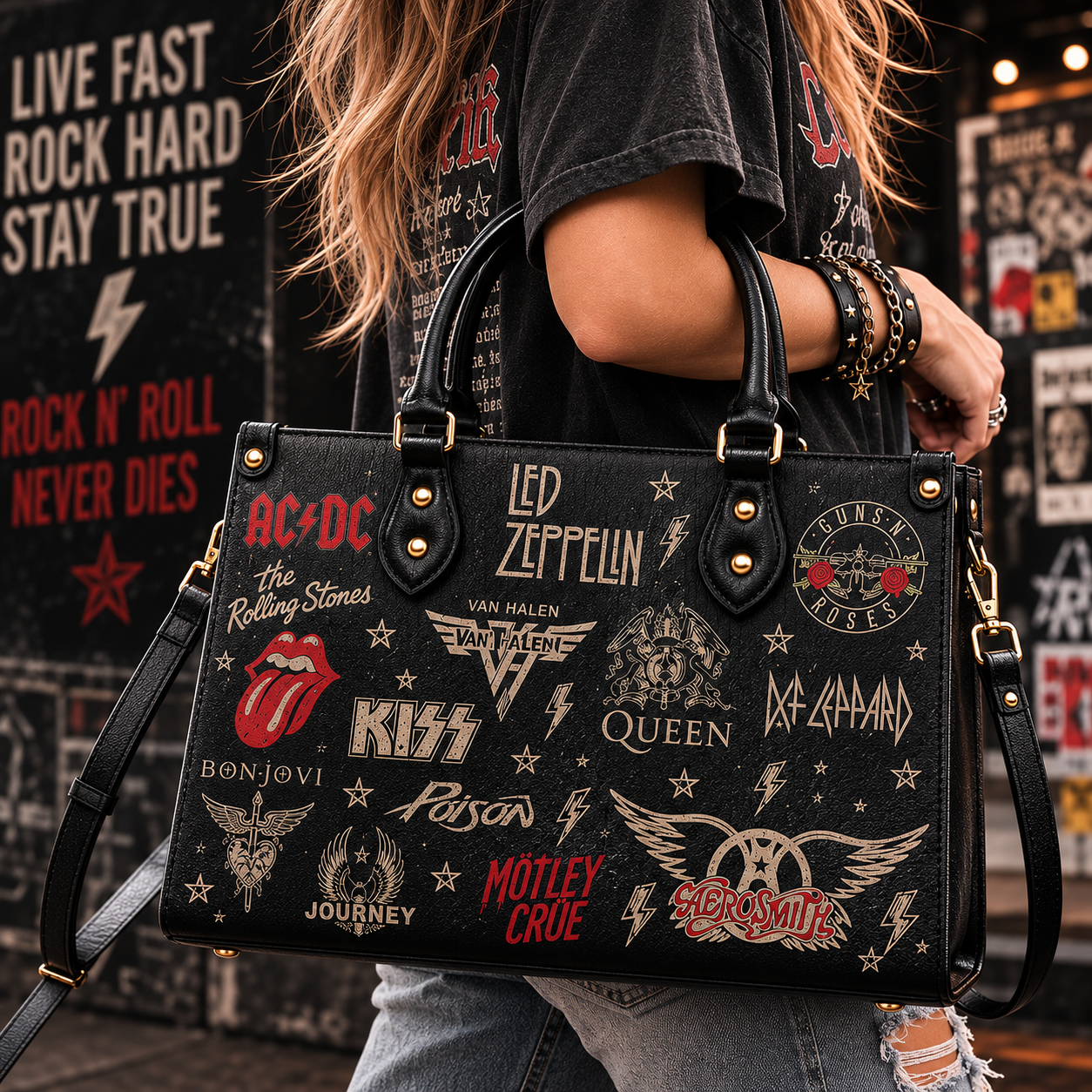 Classic Rock Legends Faux Leather Handbag – Vintage Rock Band Shoulder Tote Bag for Music Fans