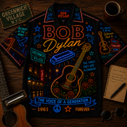 Bob Dylan Hawaiian Shirt - Unisex Neon Light Acoustic Guitar Train Button Up