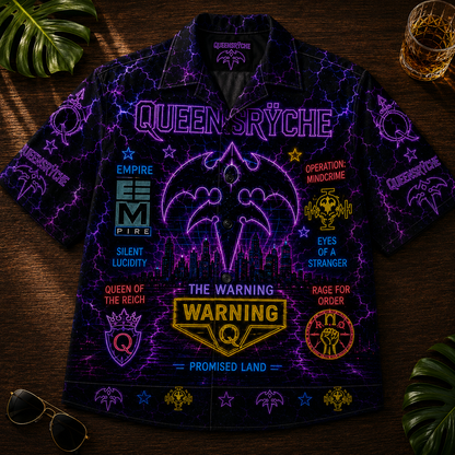 Queensryche Hawaiian Shirt - Unisex Vintage Neon Light Tri-Ryche Crest Button Up