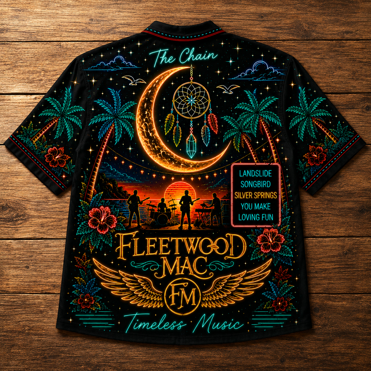 Fleetwood Mac Hawaiian Shirt - Unisex Neon Dreamcatcher Crescent Moon Button Up