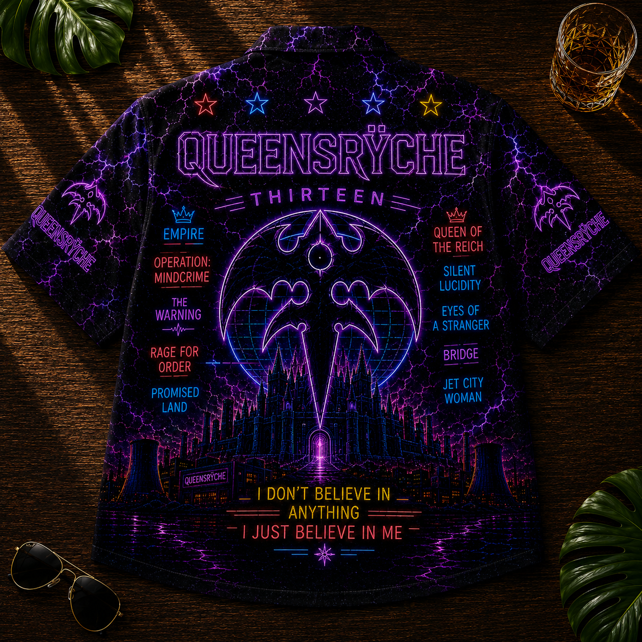Queensryche Hawaiian Shirt - Unisex Vintage Neon Light Tri-Ryche Crest Button Up