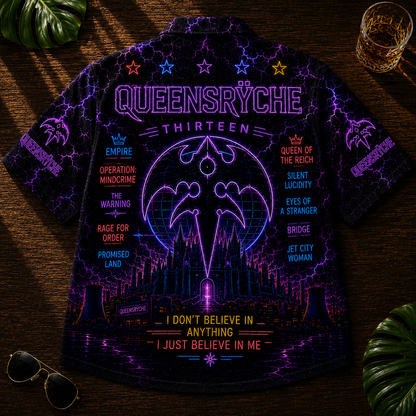 Queensryche Hawaiian Shirt - Unisex Vintage Neon Light Tri-Ryche Crest Button Up