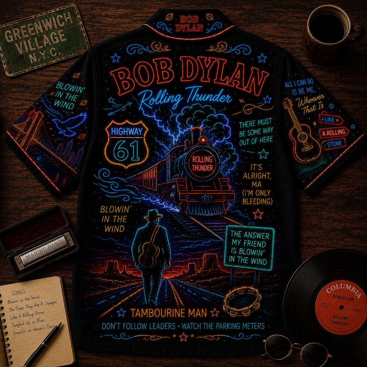 Bob Dylan Hawaiian Shirt - Unisex Neon Light Acoustic Guitar Train Button Up