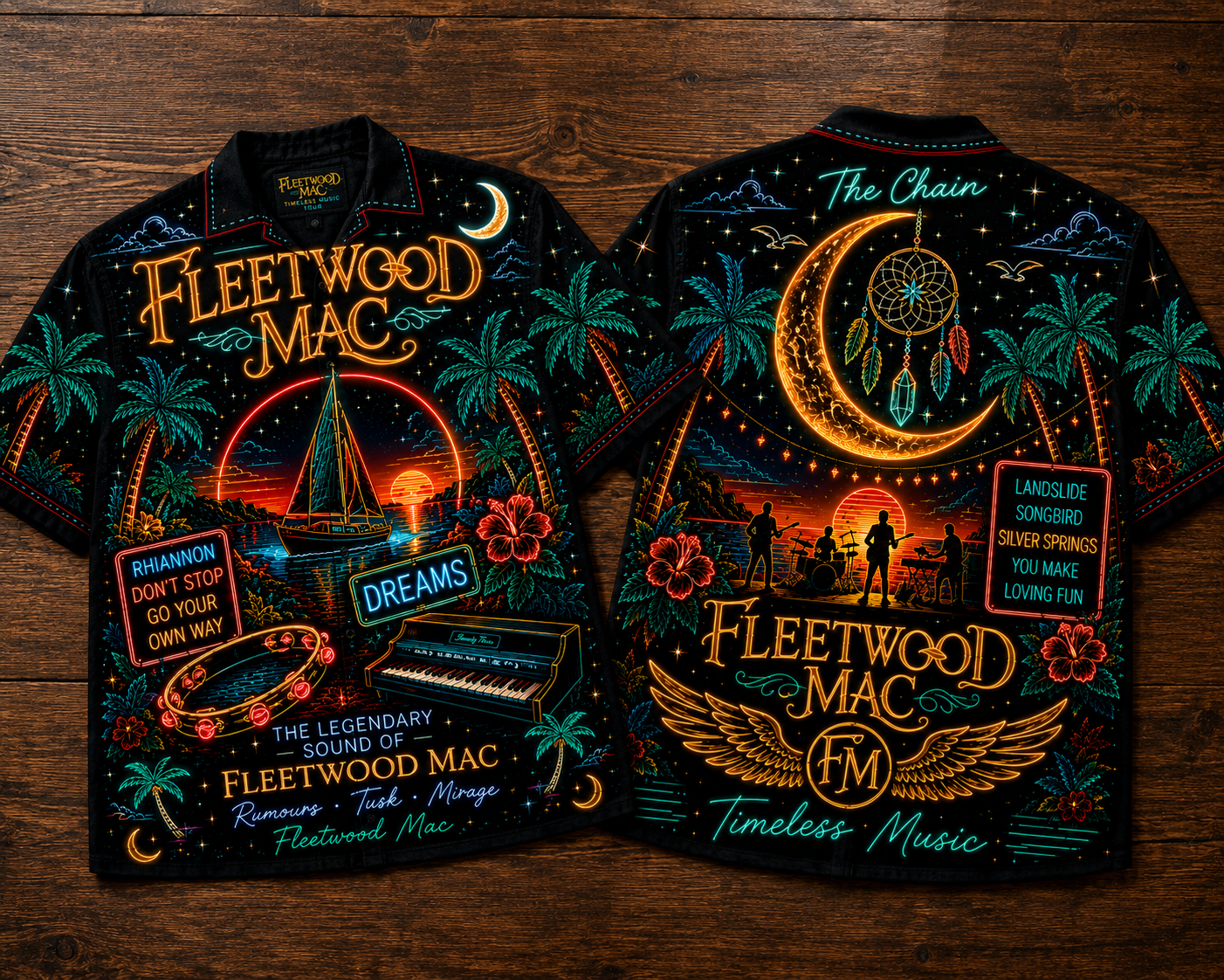Fleetwood Mac Hawaiian Shirt - Unisex Neon Dreamcatcher Crescent Moon Button Up