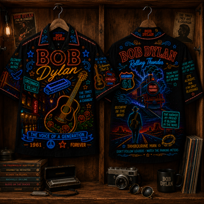 Bob Dylan Hawaiian Shirt - Unisex Neon Light Acoustic Guitar Train Button Up