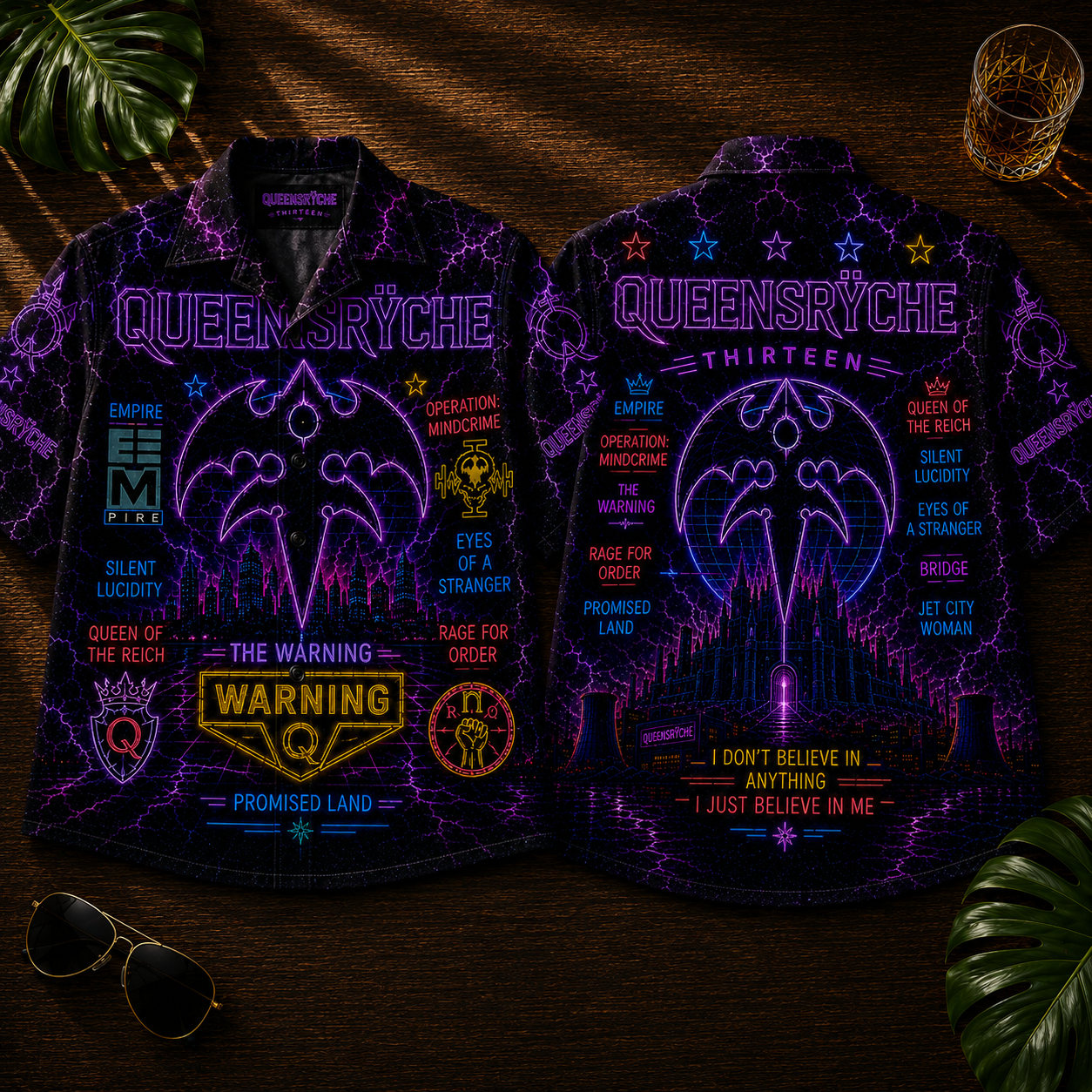 Queensryche Hawaiian Shirt - Unisex Vintage Neon Light Tri-Ryche Crest Button Up