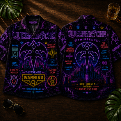 Queensryche Hawaiian Shirt - Unisex Vintage Neon Light Tri-Ryche Crest Button Up