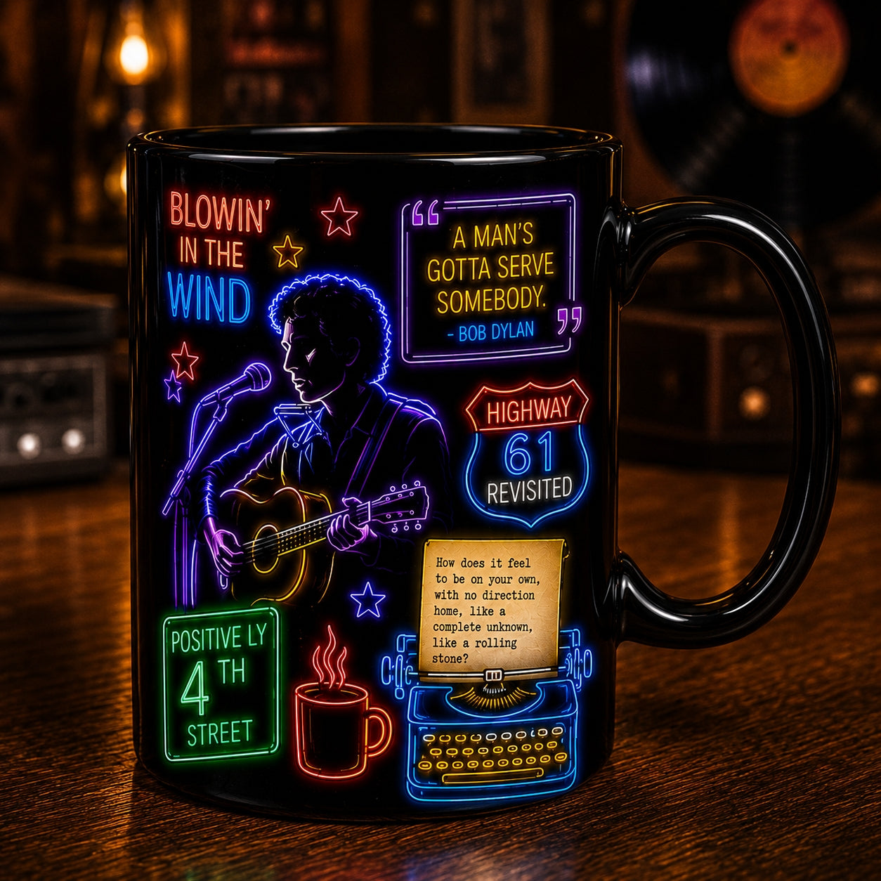 Bob Dylan Neon Sign Mug – Glowing Like A Rolling Stone Folk Rock Coffee Cup