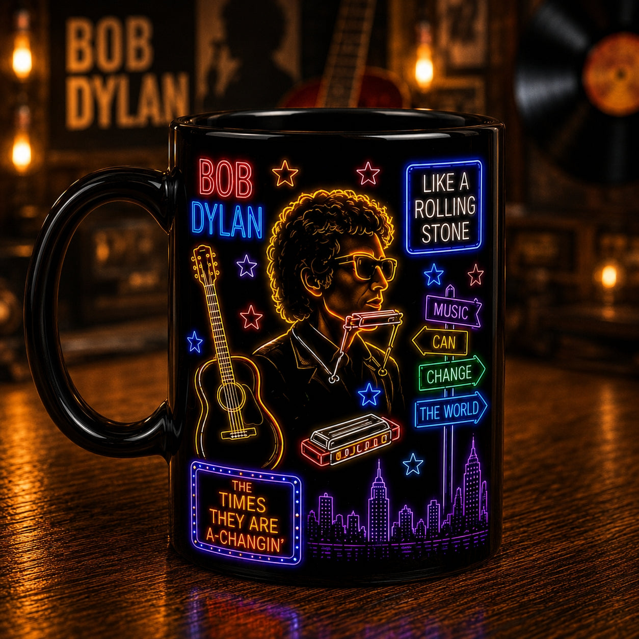 Bob Dylan Neon Sign Mug – Glowing Like A Rolling Stone Folk Rock Coffee Cup