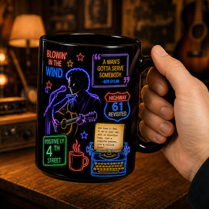 Bob Dylan Neon Sign Mug – Glowing Like A Rolling Stone Folk Rock Coffee Cup