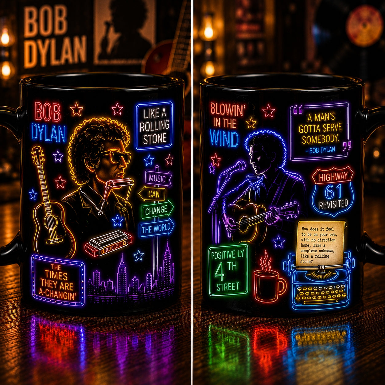 Bob Dylan Neon Sign Mug – Glowing Like A Rolling Stone Folk Rock Coffee Cup