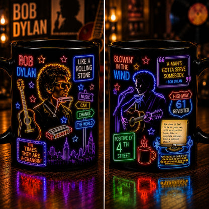 Bob Dylan Neon Sign Mug – Glowing Like A Rolling Stone Folk Rock Coffee Cup