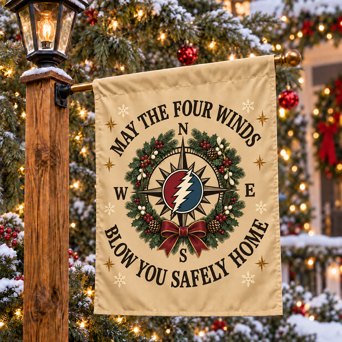 Grateful Dead Christmas House Flag, May the Four Winds Blow You Safely Home Flag, Deadhead Holiday Porch Decor