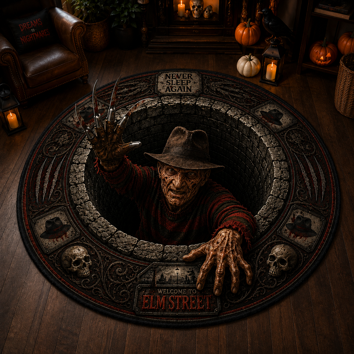 Freddy Krueger Horror Rug – Never Sleep Again Elm Street Gothic Area Rug, Nightmare Halloween Decor