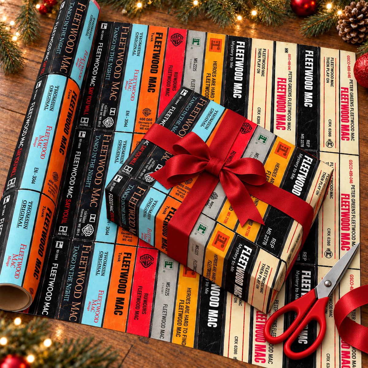 Fleetwood Mac Cassette Spines Wrapping Paper, Vintage Audio Tape Classic Rock Gift Wrap