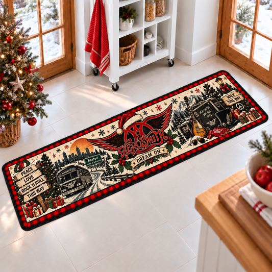Aerosmith Christmas Runner Rug, Dream On Holiday Kitchen Runner, Walk This Way Classic Rock Christmas Decor, Aerosmith Fan Gift