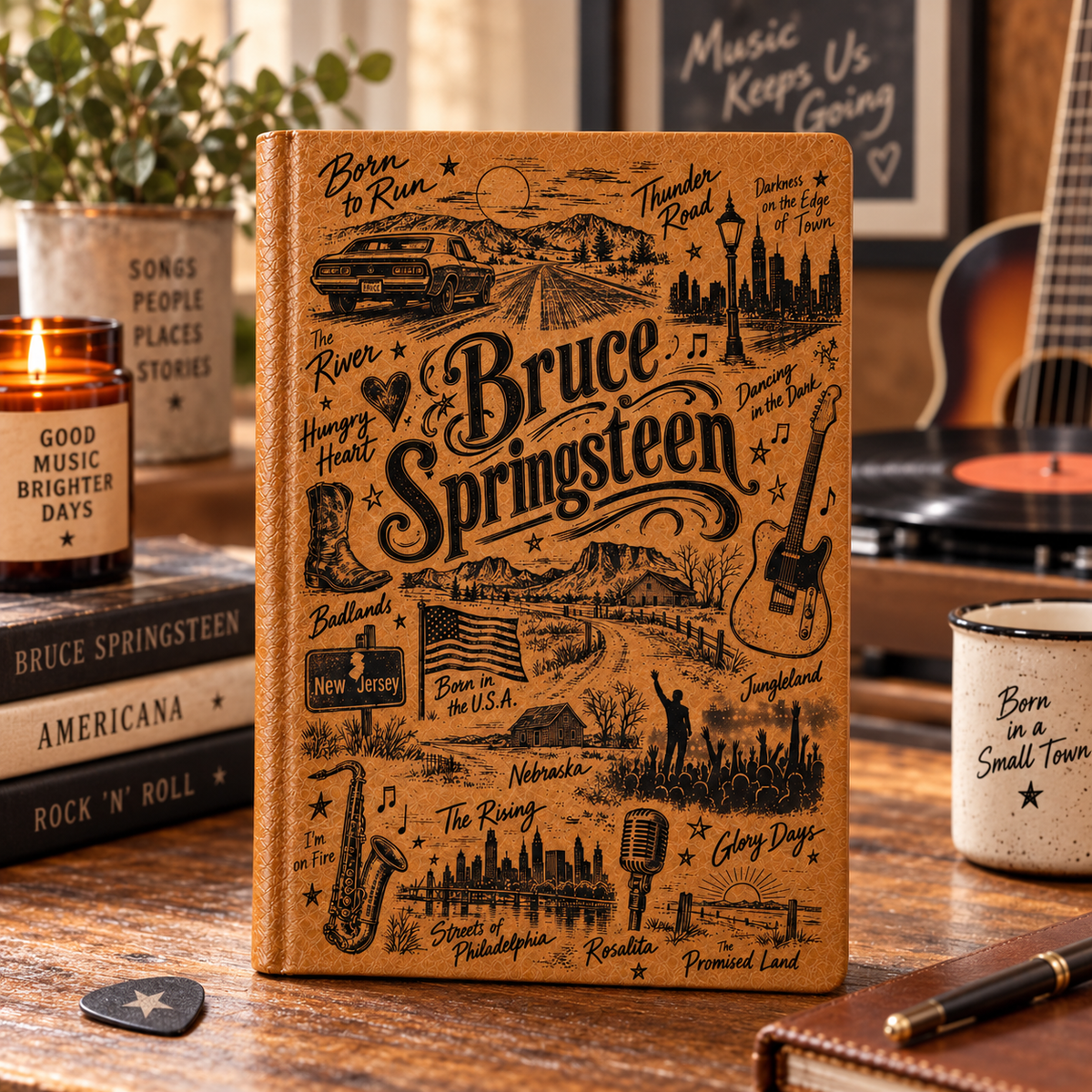 Bruce Springsteen Vintage Vegan Leather Notebook – Heartland Rock Music Journal & Diary