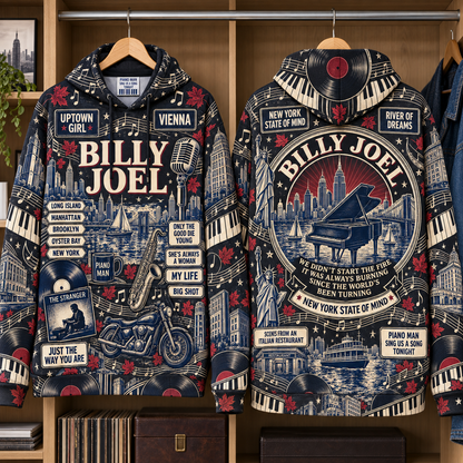 Billy Joel Piano Man Hoodie – New York Music Legend Vintage 3D Printed Pullover, Classic Rock Fan Gift