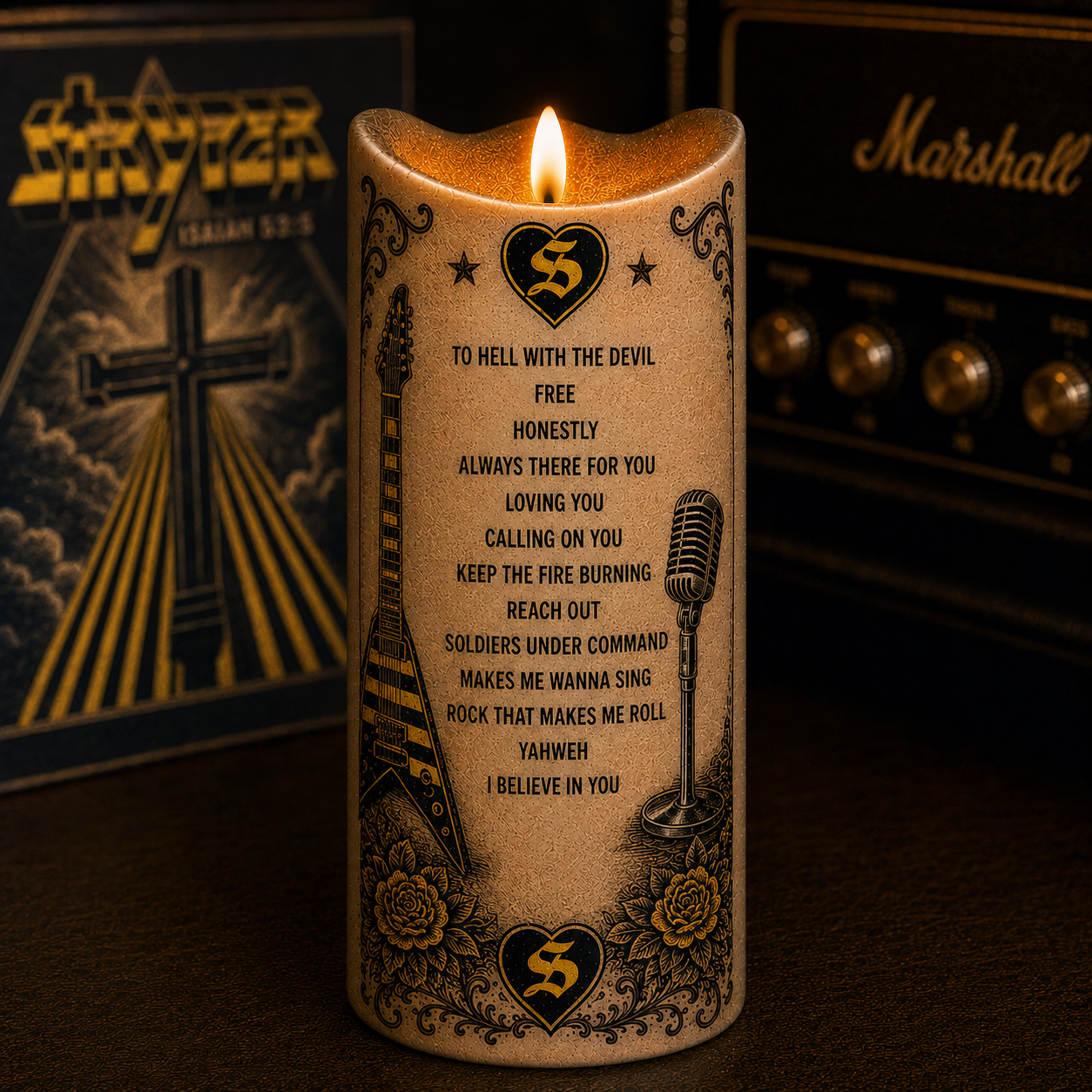 Stryper Isaiah 53:5 Flameless LED Candle, Christian Metal Band Inspired LED Candle, Faith-Based Music Gift, Battery Operated Candle, Stryper Fan Home Decor