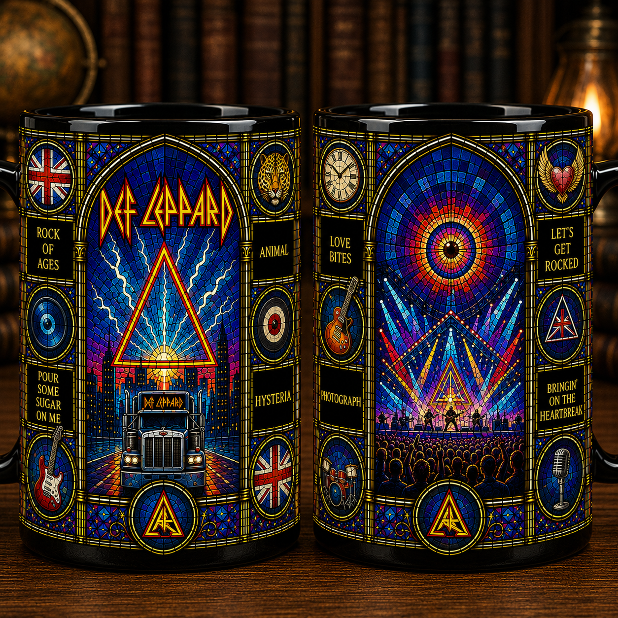 Def Leppard Stained Glass Black Mug – Def Leppard Ceramic Coffee Mug, Classic Rock Band Fan Gift