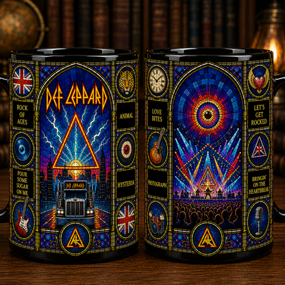 Def Leppard Stained Glass Black Mug – Def Leppard Ceramic Coffee Mug, Classic Rock Band Fan Gift