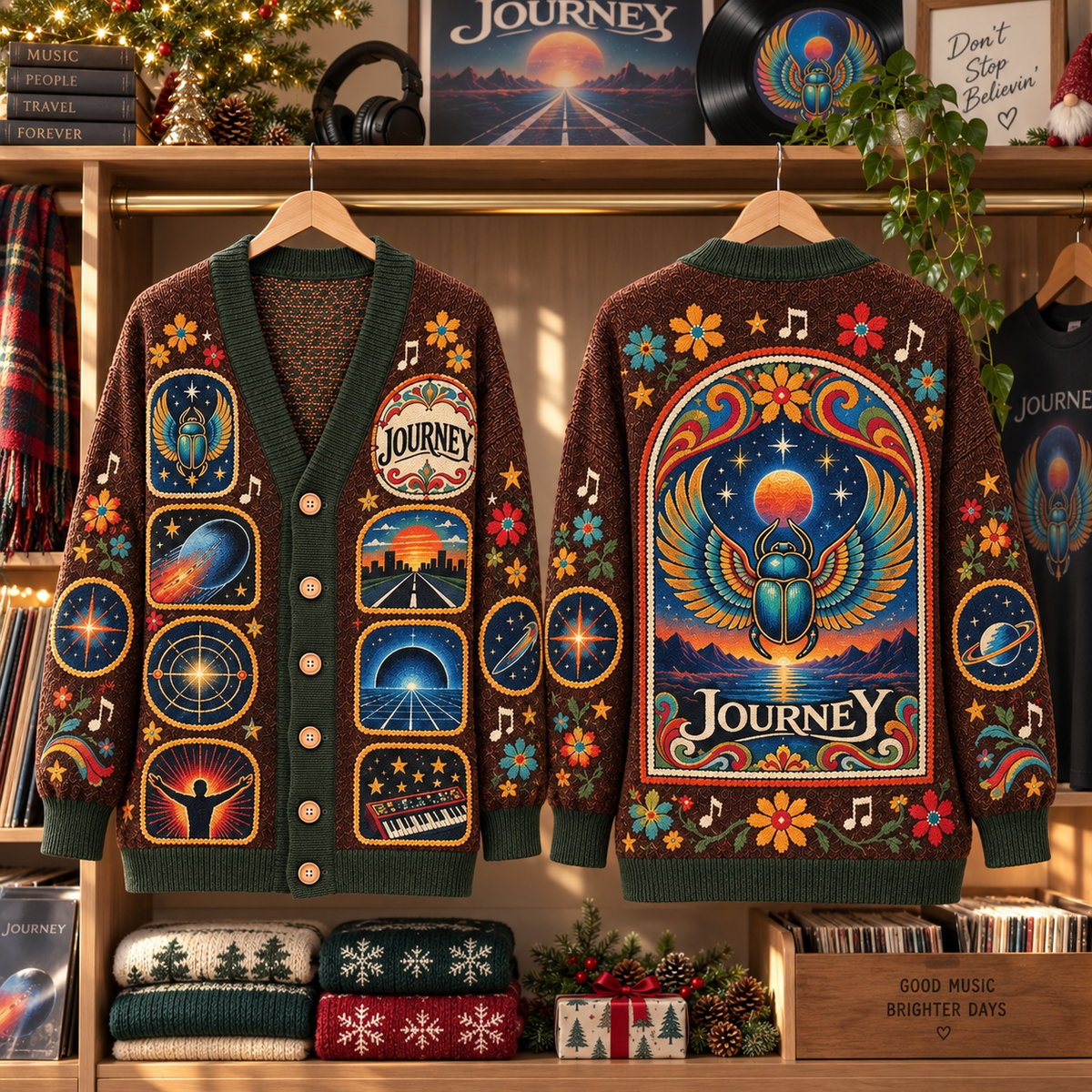 Journey Patchwork Cardigan, Scarab Beetle Folk Art Knit Sweater, Don’t Stop Believin’ Classic Rock Cardigan Gift