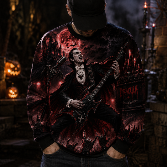 Dracula Vampire Rock Guitar Sweatshirt – Gothic Halloween All Over Print Crewneck For Horror Music Fans