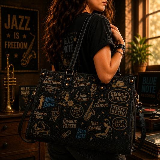 Jazz Legends Faux Leather Handbag – Vintage Music Lover Shoulder Tote Bag for Jazz & Blues Fans