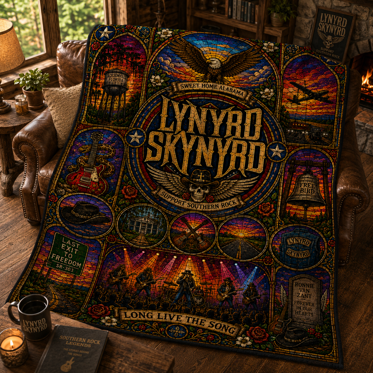 Lynyrd Skynyrd Sherpa Blanket – Sweet Home Alabama Stained Glass Blanket