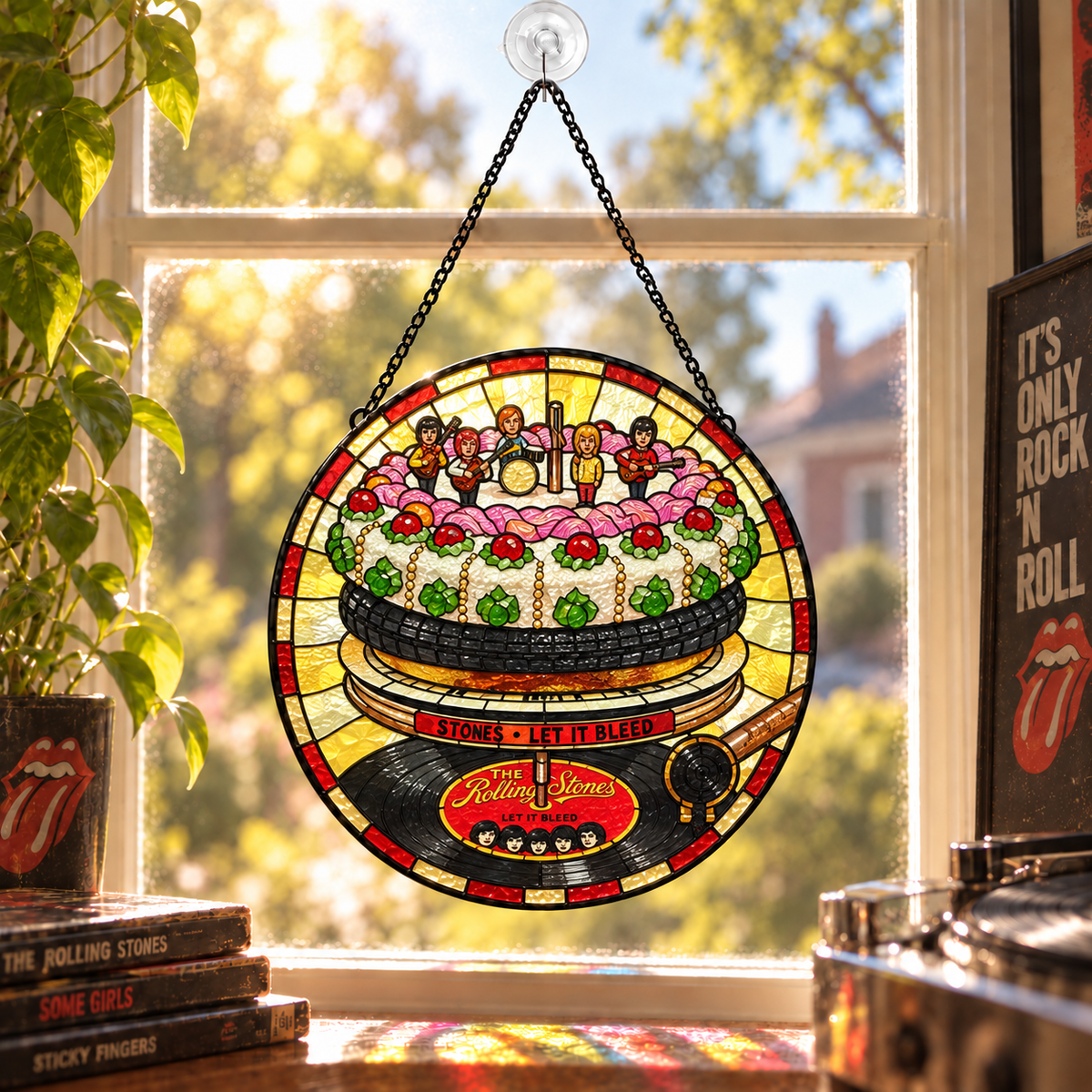 The Rolling Stones Iconic Album Stained Glass Sun Catcher – Retro Rock Music Window Hanging Gift for Fans