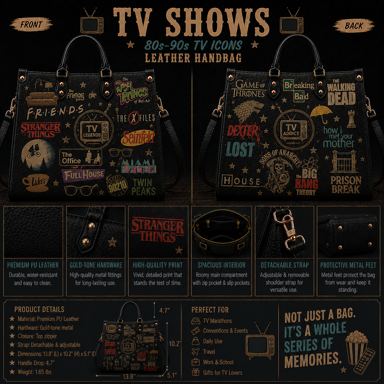 TV Series Faux Leather Handbag – Vintage TV Show Lover Shoulder Tote Bag for Binge Watch Fans
