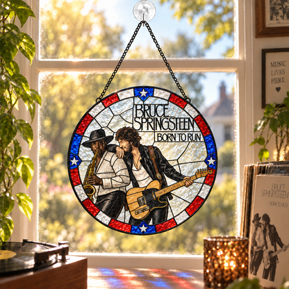 Bruce Springsteen Iconic Album Cover Stained Glass Sun Catcher – The Boss Rock Music Window Hanging Gift