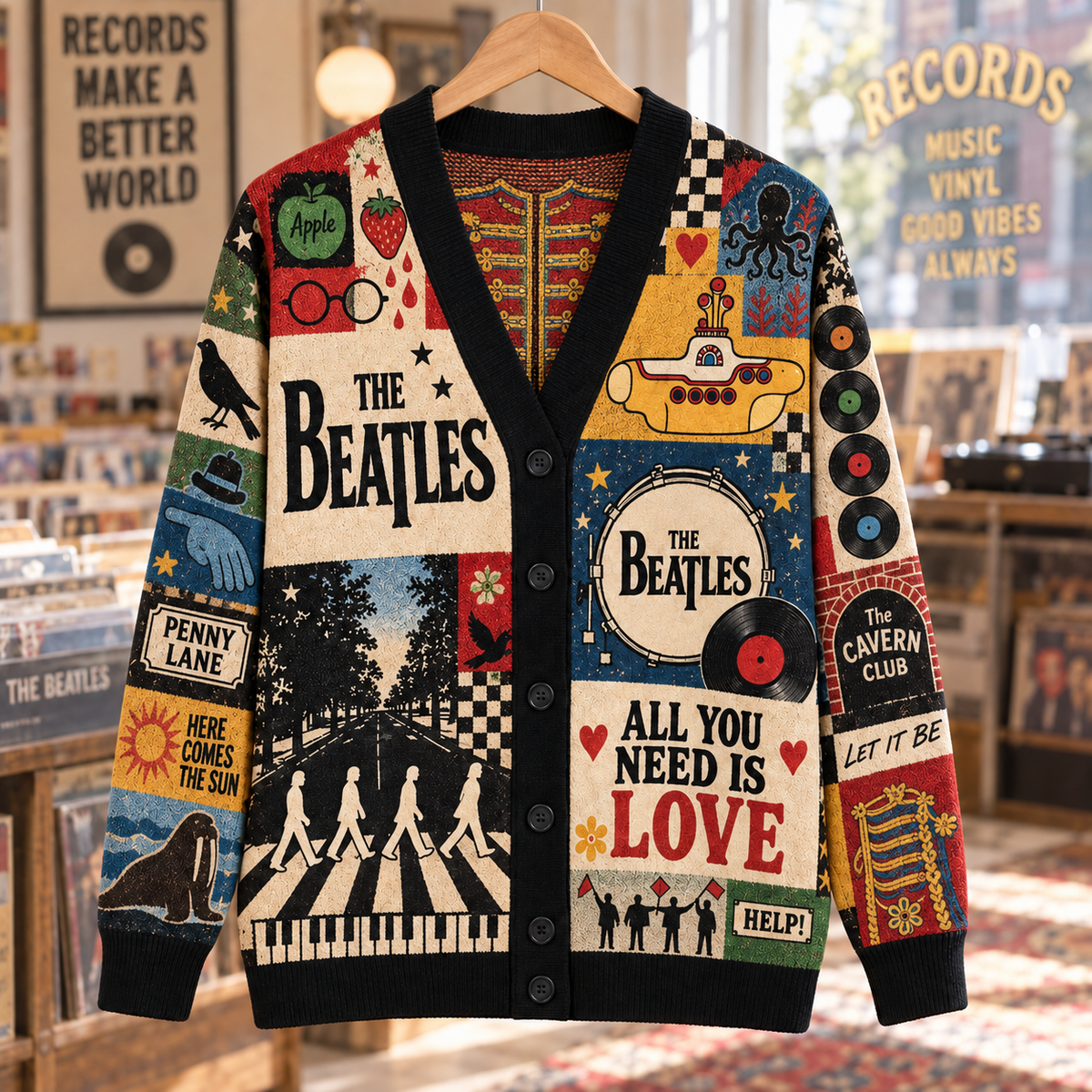 The Beatles Wool Cardigan, Abbey Road Yellow Submarine Patchwork Knit Sweater, Vintage 60s Rock Band Wool Cardigan Gift
