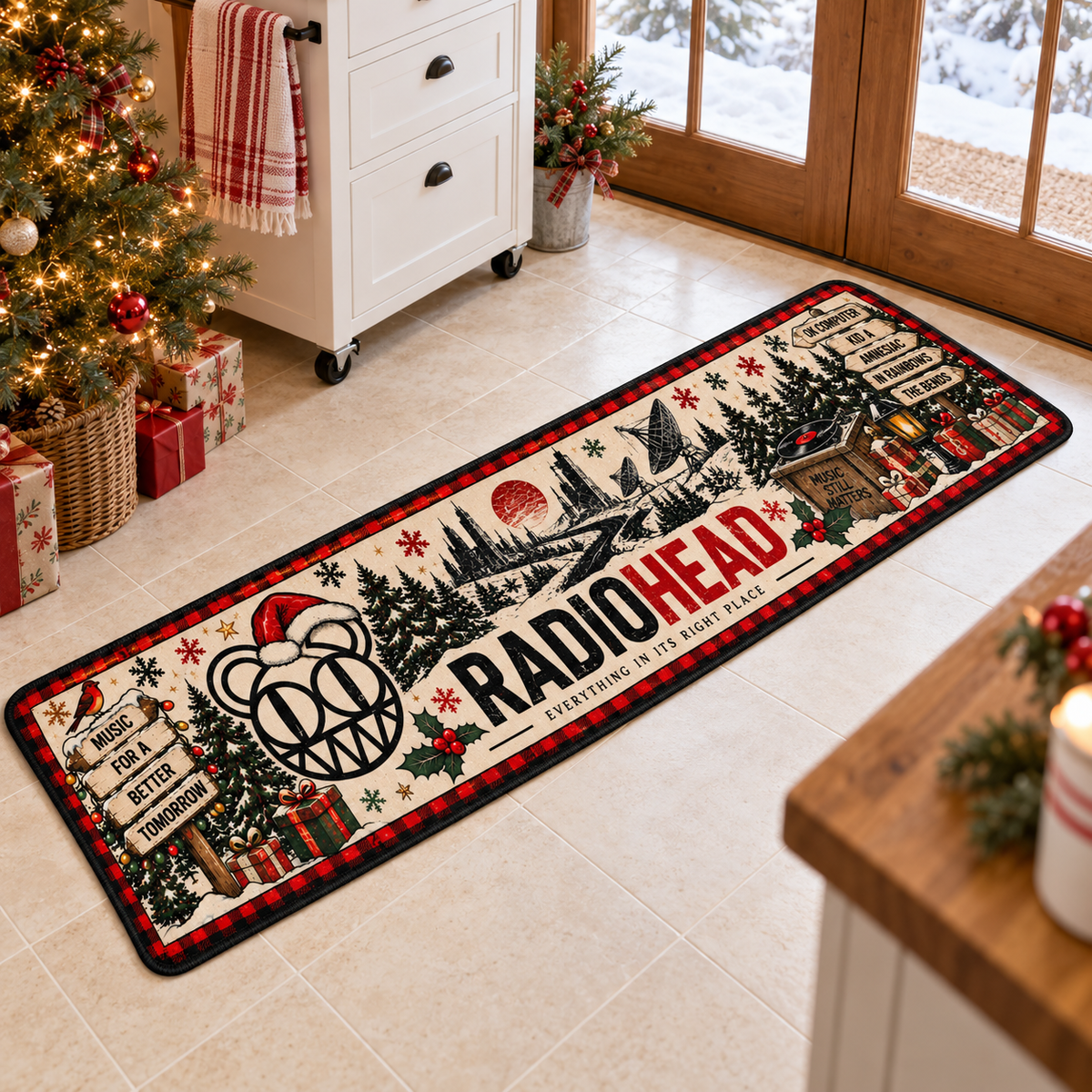 Radiohead Christmas Runner Rug, OK Computer Holiday Kitchen Runner, Alternative Rock Christmas Decor, Radiohead Fan Gift