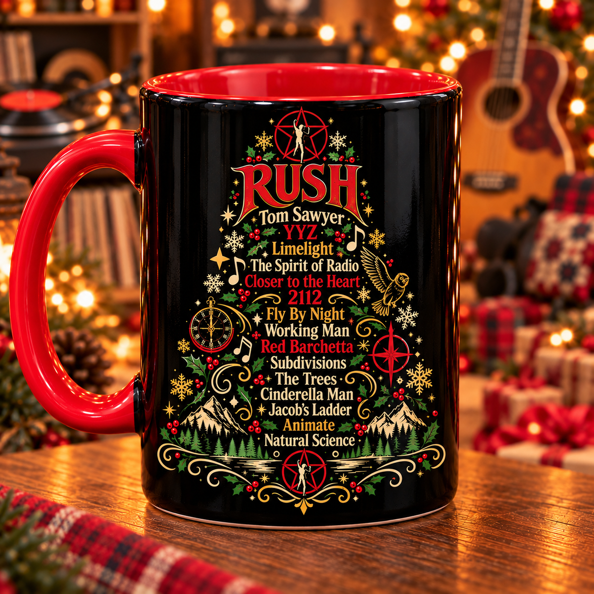 Rush Christmas Tree Mug, 2112 Holiday Coffee Cup, Tom Sawyer Fan Gift, Progressive Rock Christmas Mug, Rush Music Lover Gift
