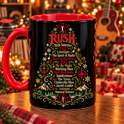 Rush Christmas Tree Mug, 2112 Holiday Coffee Cup, Tom Sawyer Fan Gift, Progressive Rock Christmas Mug, Rush Music Lover Gift