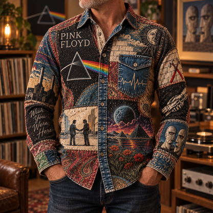 Pink Floyd Patchwork Long Sleeve Shirt – Dark Side Prism, Wish You Were Here & The Wall Vintage Rock Button Up, Progressive Rock Fan Gift